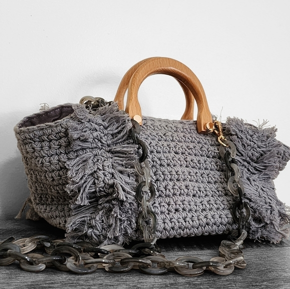Moserat DeLucca Handbags - Monserat DeLucca Cable Knit Woven Slouch Hobo Purse Acrylic Crossbody Strap Grey